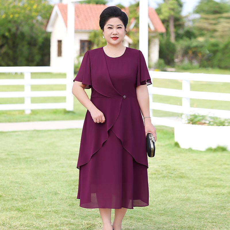 大码女装妈妈夏装高级感薄款雪纺短袖连衣裙显瘦洋气高贵晚宴礼服