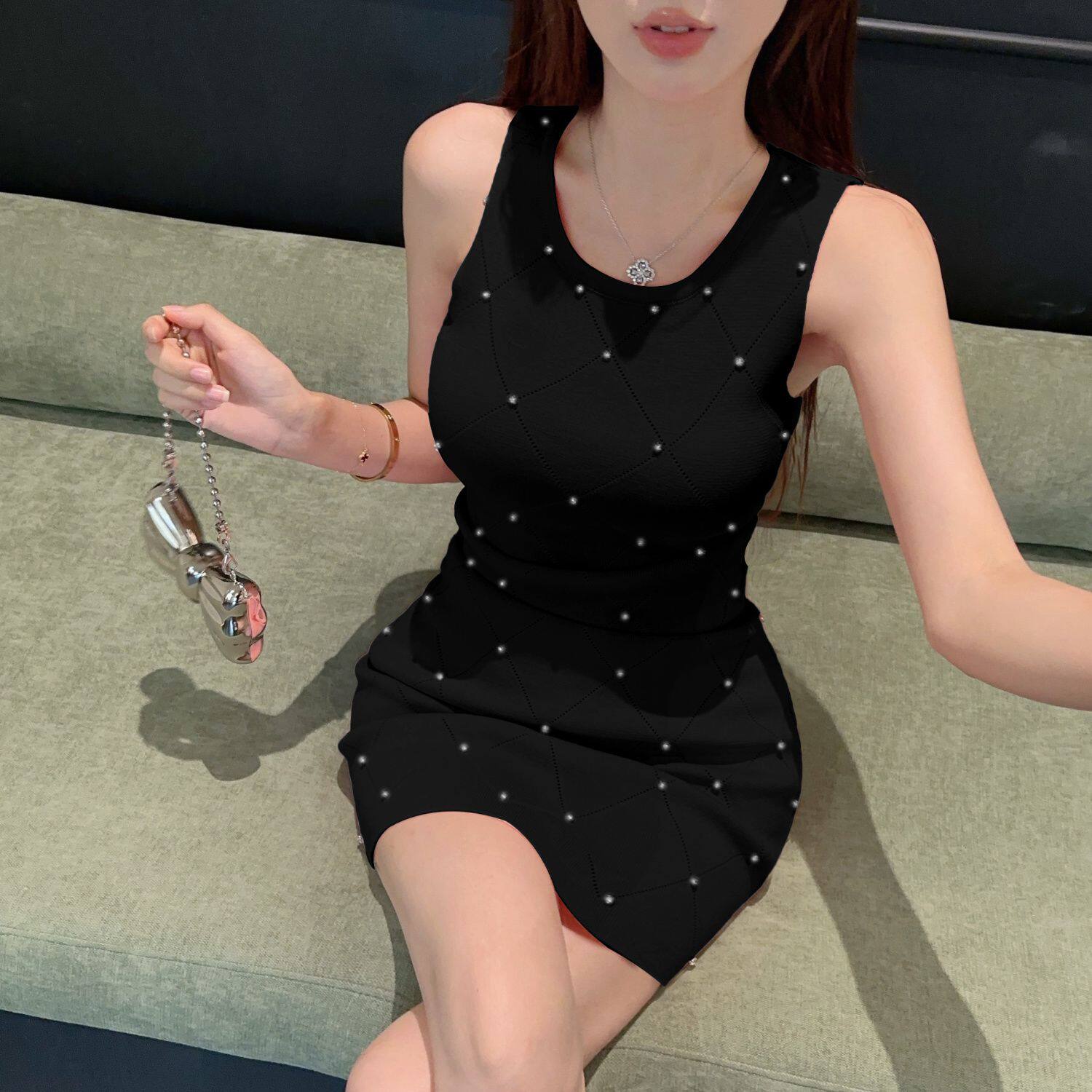 钉钻针织背心连衣裙女修身气质夏季冰丝小个子显高辣妹包臀短裙子