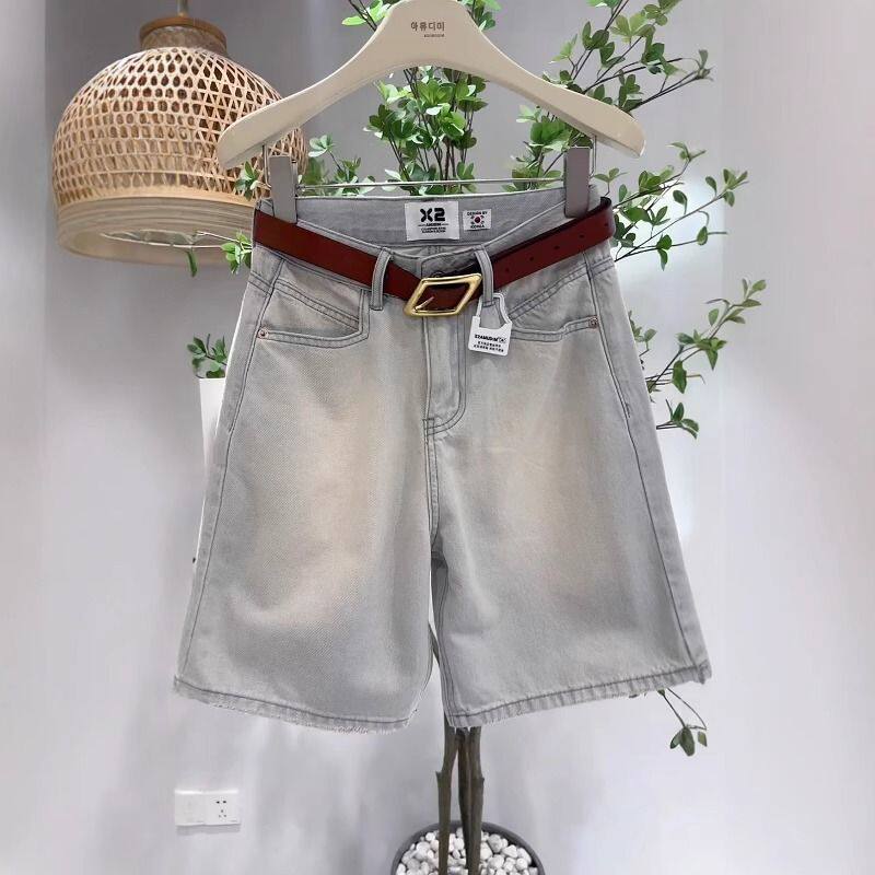 浅灰色牛仔短裤女夏季高腰宽松显瘦薄款五分阔腿直筒复古浅蓝裤子