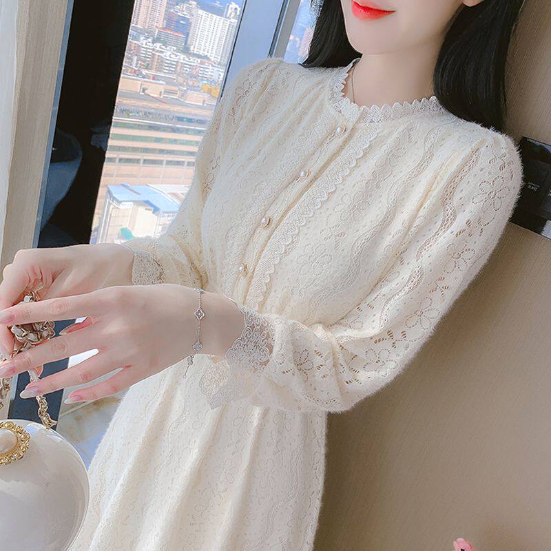 新款中长款蕾丝连衣裙收腰显瘦内搭打底裙秋冬加绒百搭裙子女