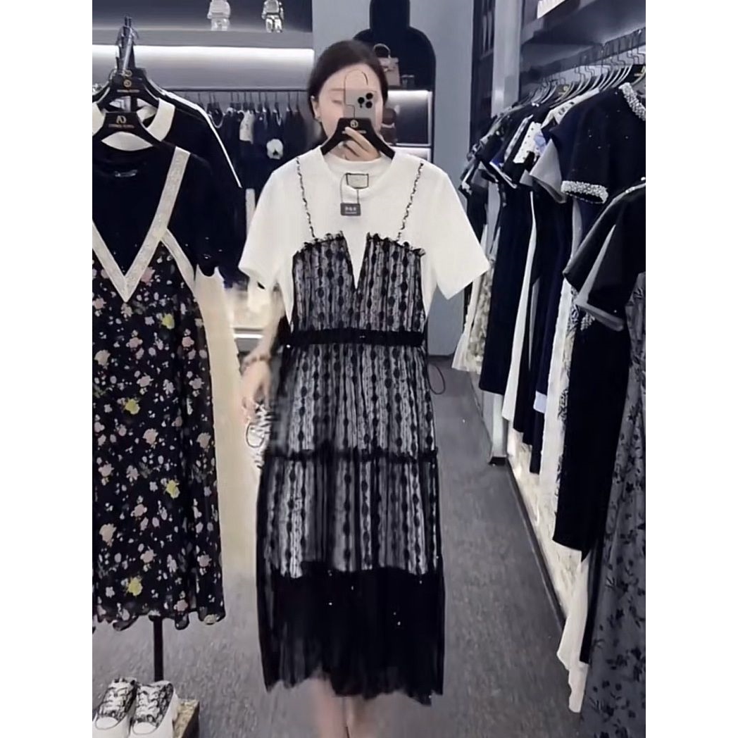 高定夏日轻奢设计师爆款蕾丝拼接高级感显瘦吊带气质假两件连衣裙