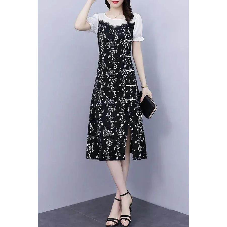 改良旗袍大码女装300斤夏连衣裙碎花胖MM新款拼接假两件显瘦裙子