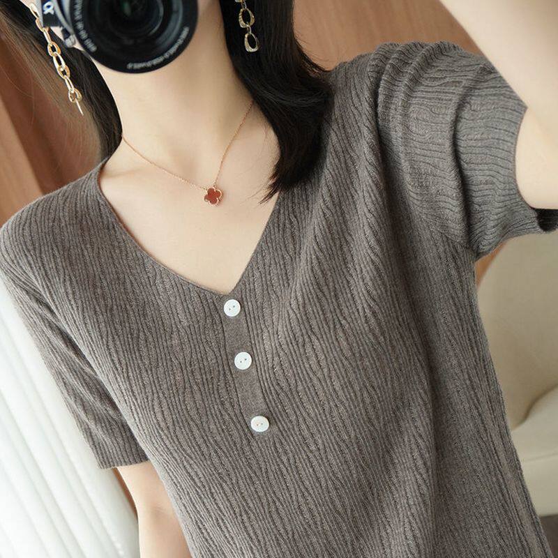 大码冰丝女士t恤短袖宽松版夏季新款镂空洋气薄款V领上衣针织衫