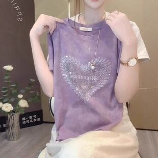 大码重工烫钻爱心短袖女t恤2025新款夏季胖MM宽松遮肚子正肩上衣
