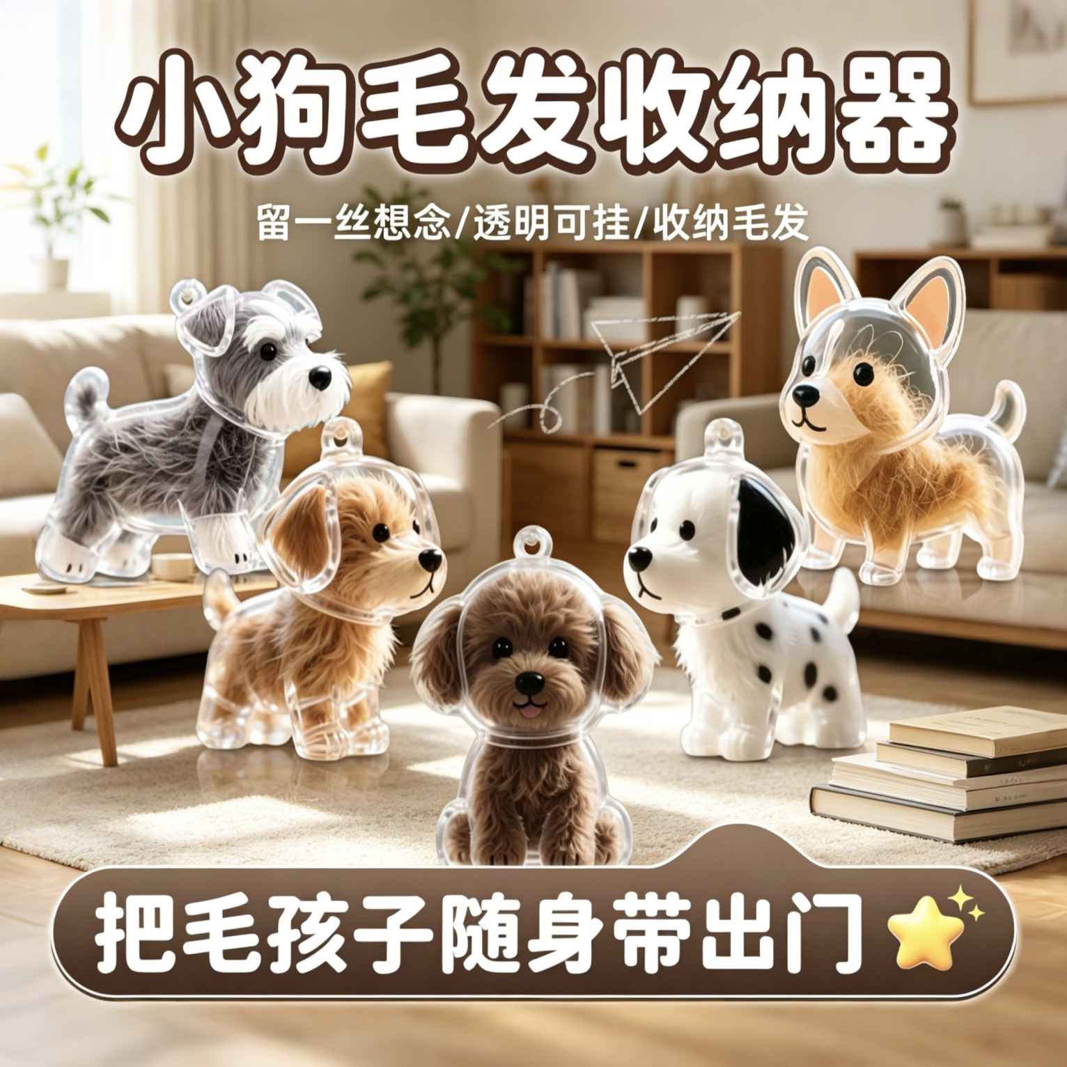 可爱仿真小狗毛发收纳器宠物毛发胎毛留念吊坠随身钥匙包包挂件