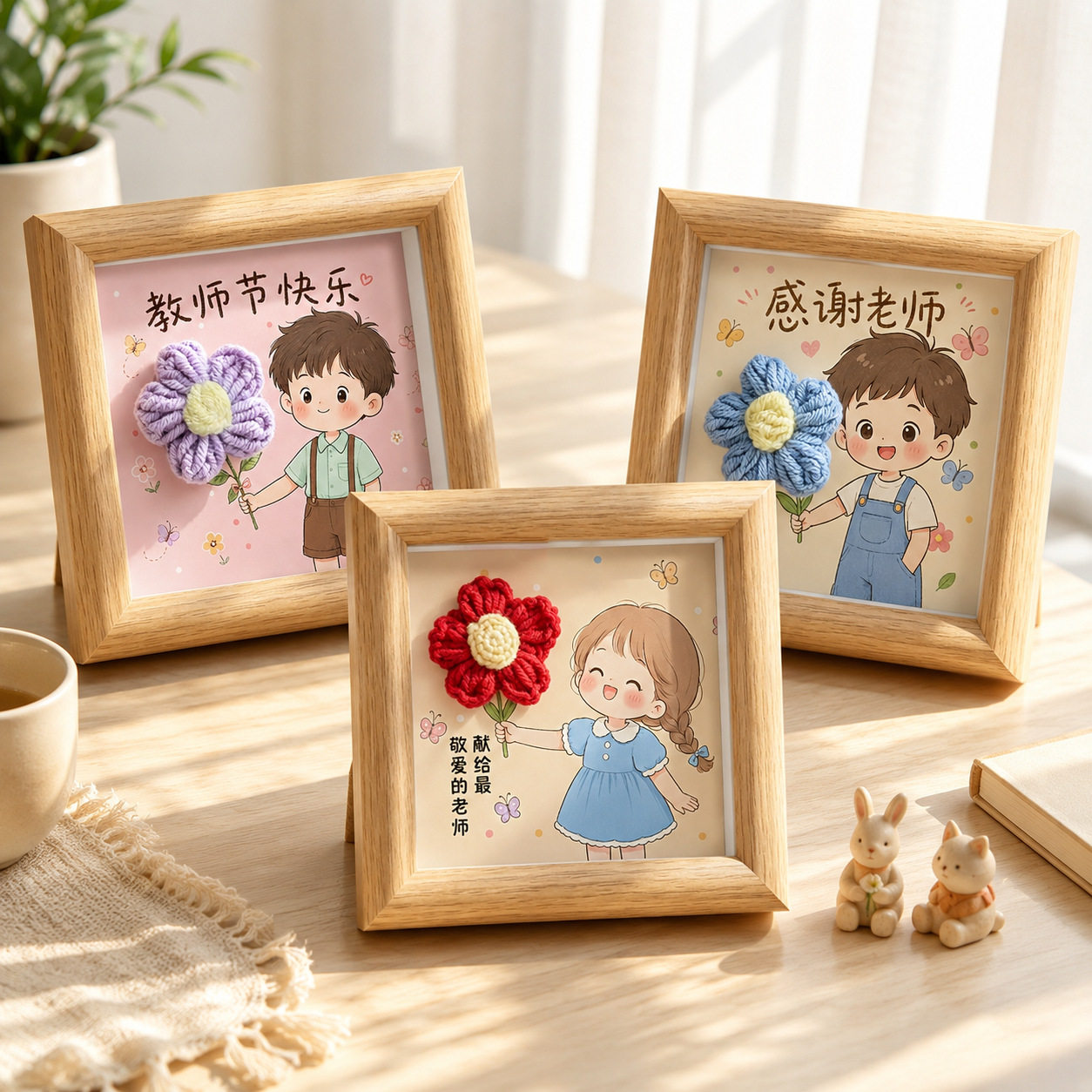 教师节手工编织成品花朵相框摆件