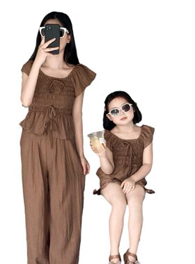 2026新款亲子装夏季韩版女童咖色小飞袖显瘦显白系带套装母女装高