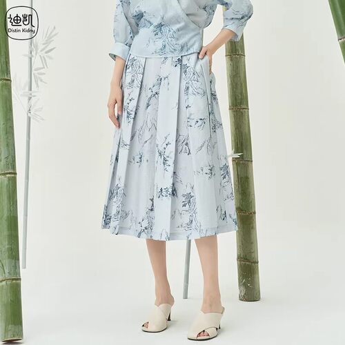 迪凯夏季国风印花百褶中长半身裙