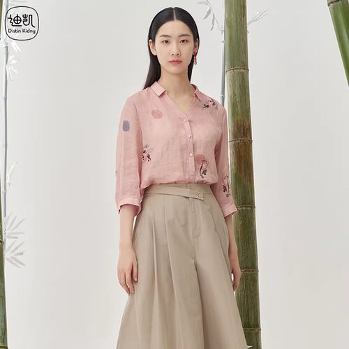 迪凯夏季苎麻印花翻领文艺衬衫女