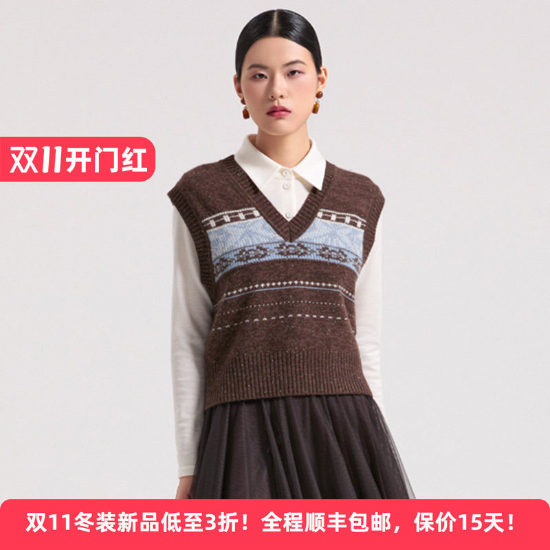 Distin Kidny/迪凯冬季新品绵羊毛优雅文艺民族风女马甲毛衫上衣