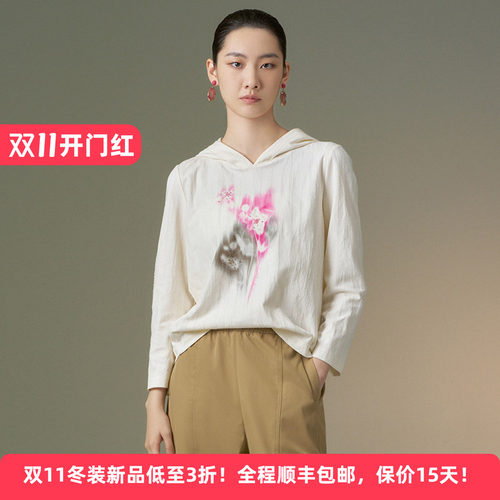 国风印花连帽女休闲套头长袖卫衣