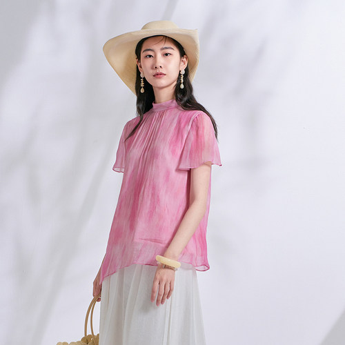迪凯新中式立领渐变短袖T恤女