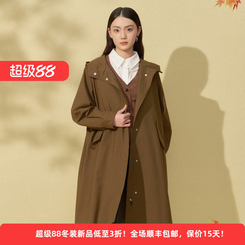 棉质简约大衣通勤外套连帽长风衣