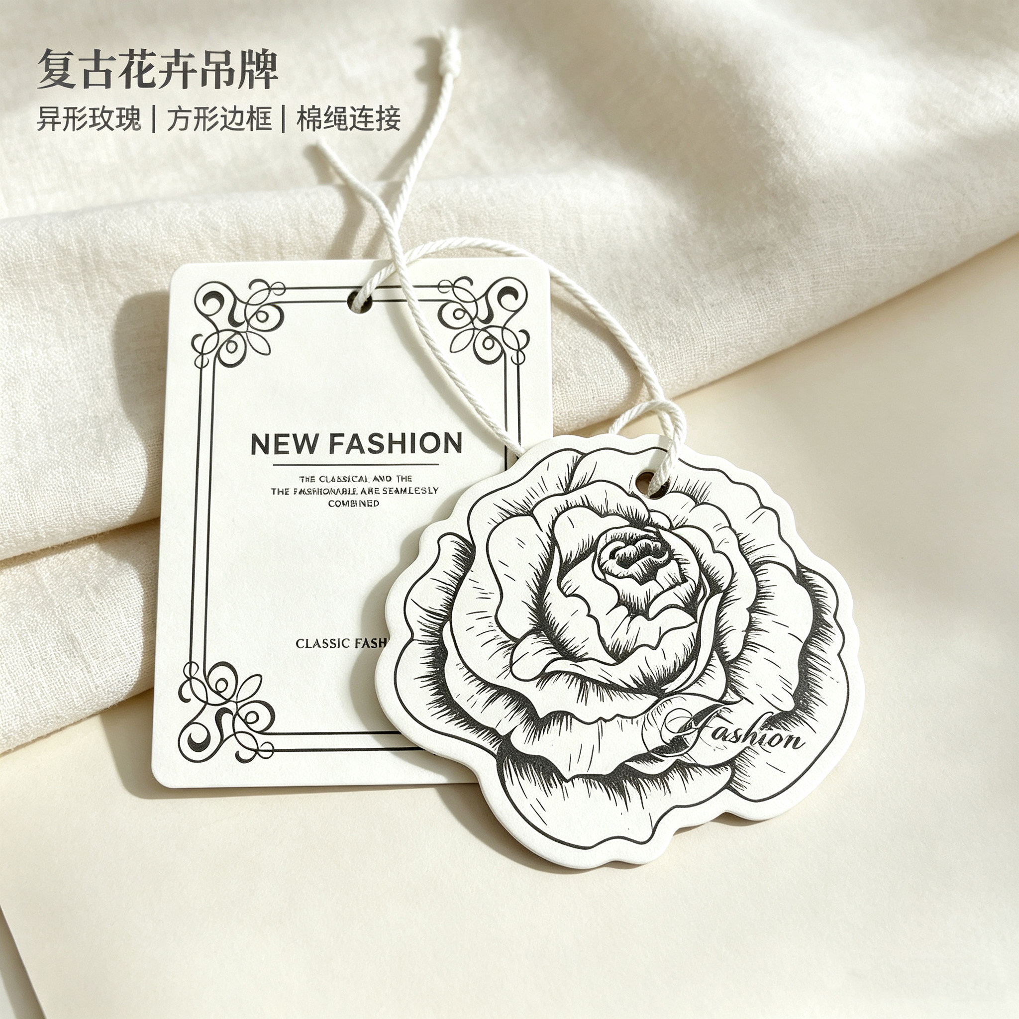 简约高级吊牌现货服饰异形玫瑰文艺吊牌定制订做通用服装标签吊卡