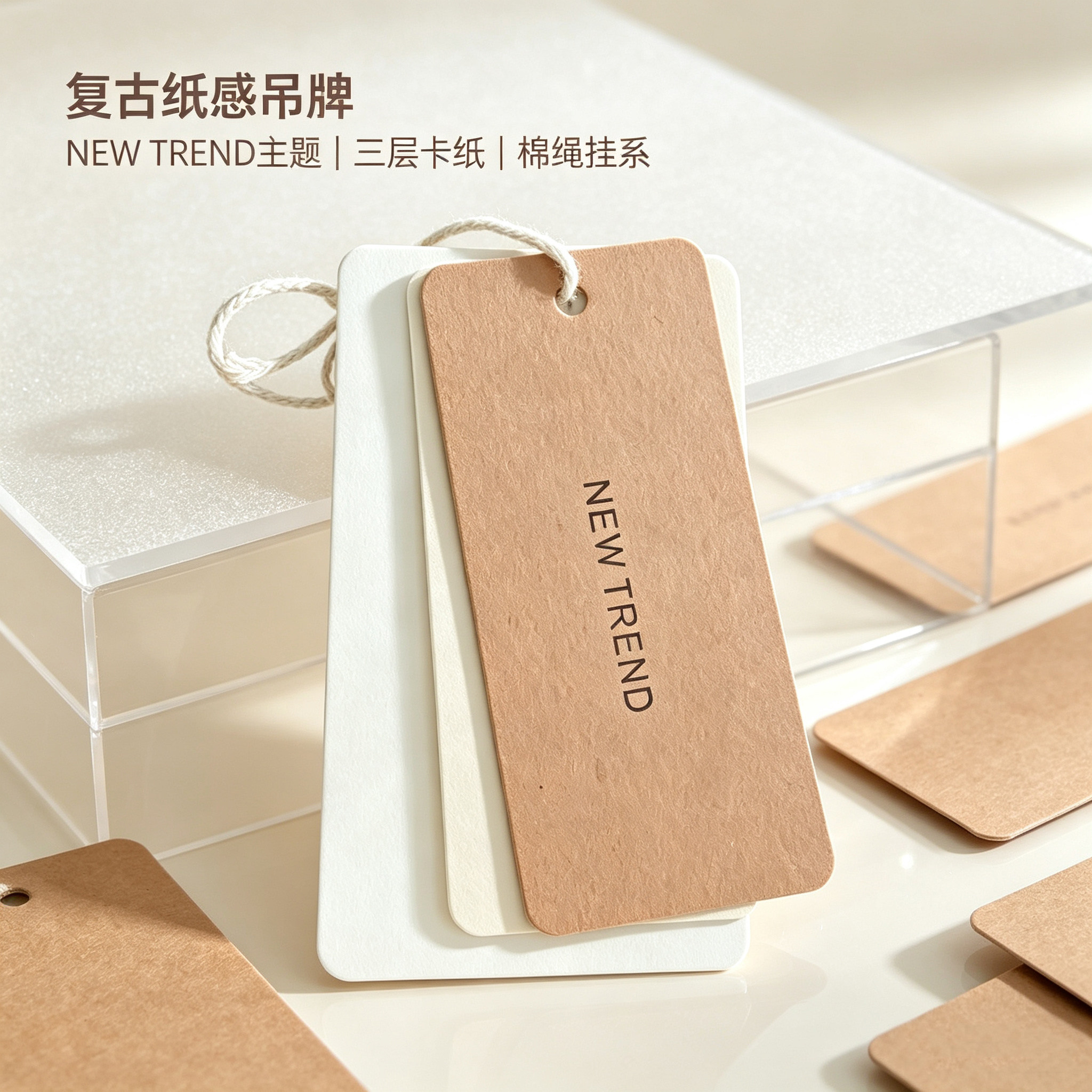 简约高级吊牌现货服饰牛皮白卡多材质定制订做通用服装标签吊卡