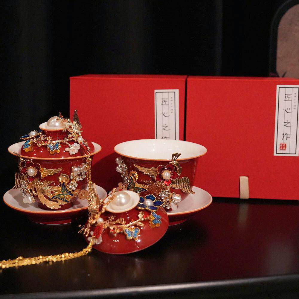 凤吟婷婚结婚敬/茶杯新色盖闺红蜜送新碗娘礼物乔迁新居茶具套装