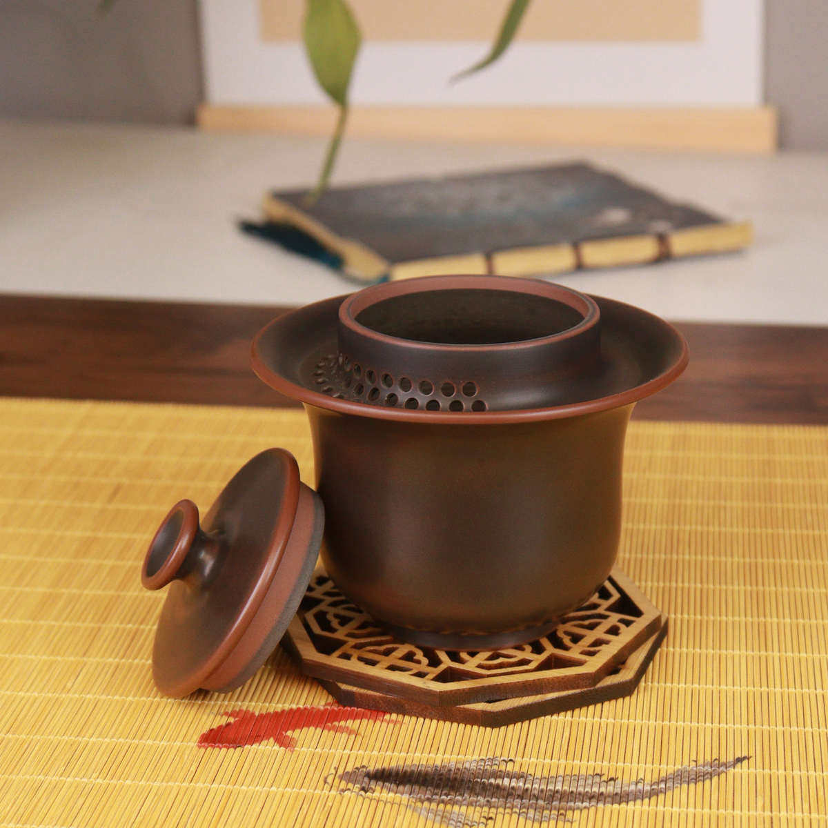 钦州坭兴陶盖碗手杯免过滤漏壶防带茶具全盖碗茶烫孔公道抓功夫