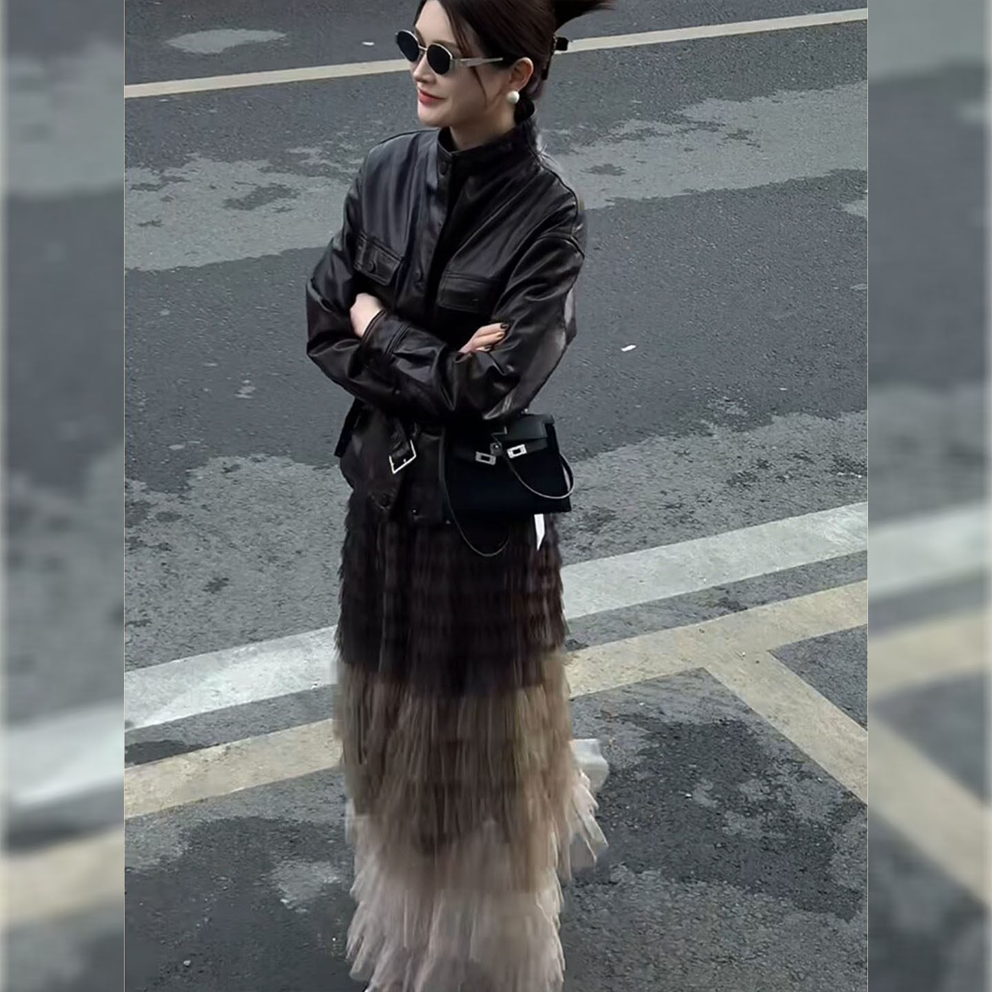 高级感黑色皮衣网纱蛋糕裙两件套女春季多层荷叶边半身裙显瘦套装