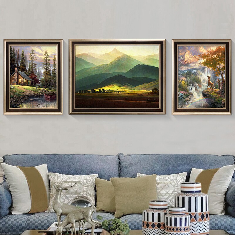 巨人山美式客厅装饰画沙发背景墙壁画三联画山水玄关挂画餐厅油画