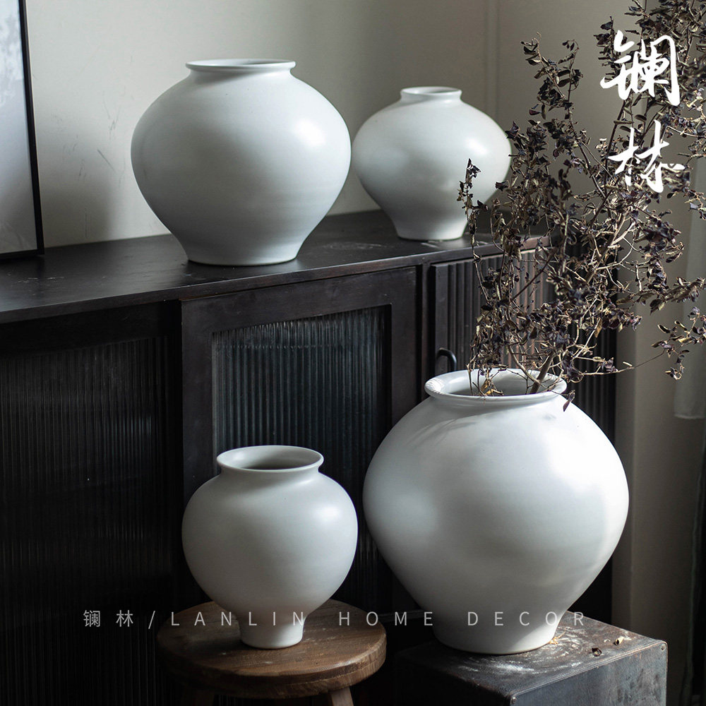 白色插花水培花瓶中式月亮罐中式客厅名宿摆件复古侘寂风陶罐大号