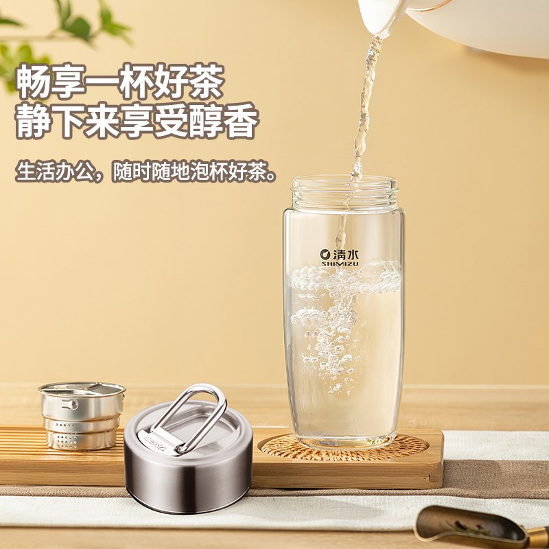 清水单层鹅蛋型玻璃杯提环316盖芯滤网水杯家用车载泡茶杯耐温差图片