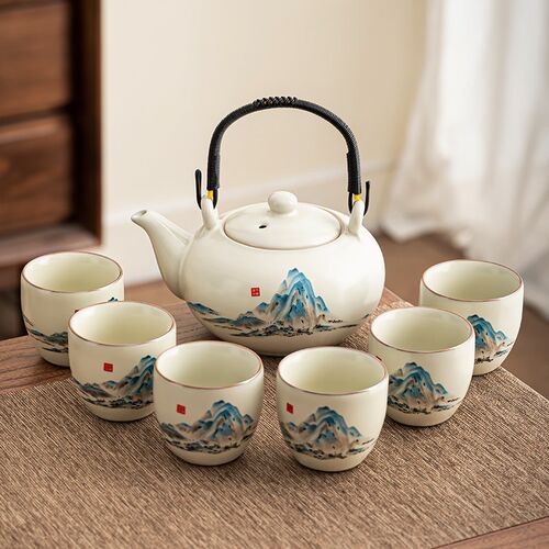 汝窑茶壶茶杯套装泡茶壶家用高档陶瓷提梁壶功夫茶杯办公会客送礼