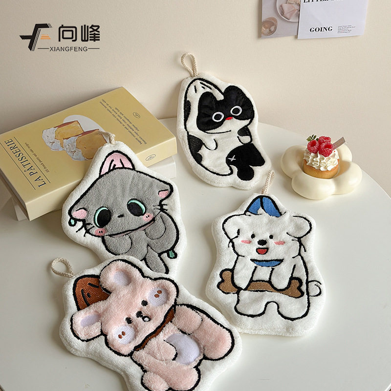向峰珊瑚绒卡通黑猫擦手巾可爱小动物吸水加厚擦脸巾手巾手帕批发