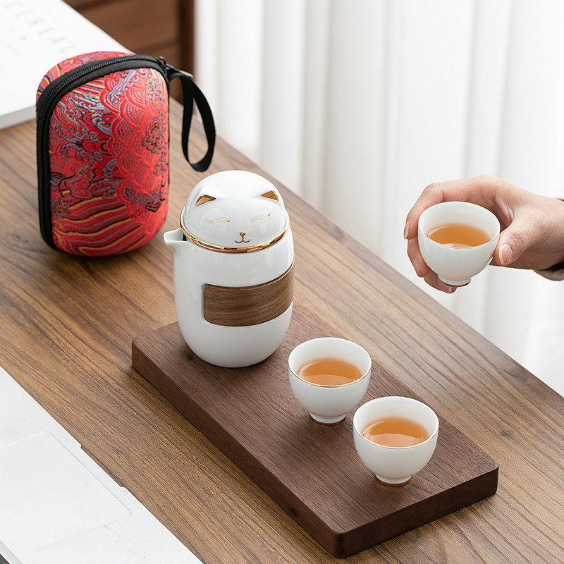 便携式旅行茶具小套装备简易功夫泡茶壶茶杯户外包萌猫旅游快客杯