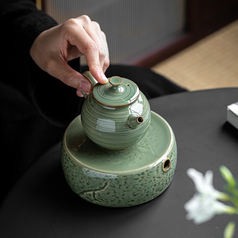 竹青釉陶瓷蓄水壶承复古风圆形石纹壶托中式家用功夫茶具茶道