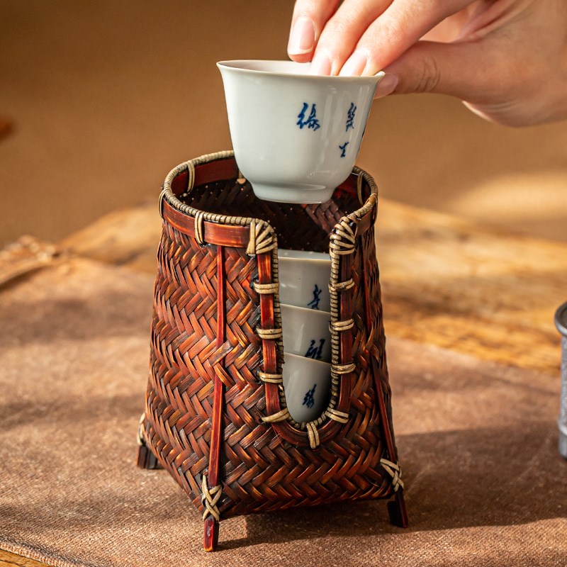 竹编杯笼茶杯篓小茶杯收纳笼晾杯架茶道零配件功夫茶杯架子沥水架