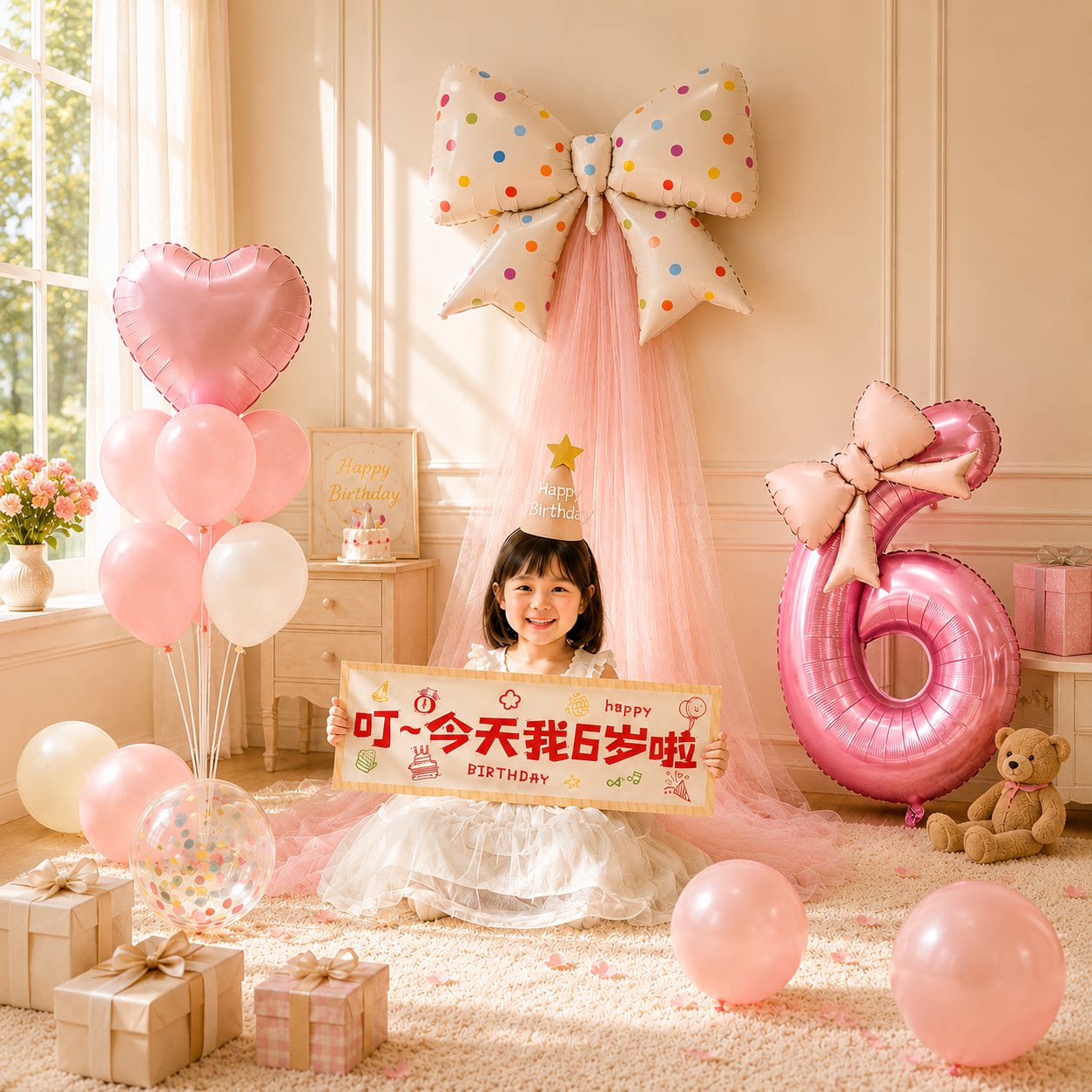 6岁生日场景布置装饰仪式感小女孩数字气球蝴蝶结背景墙10周岁礼3