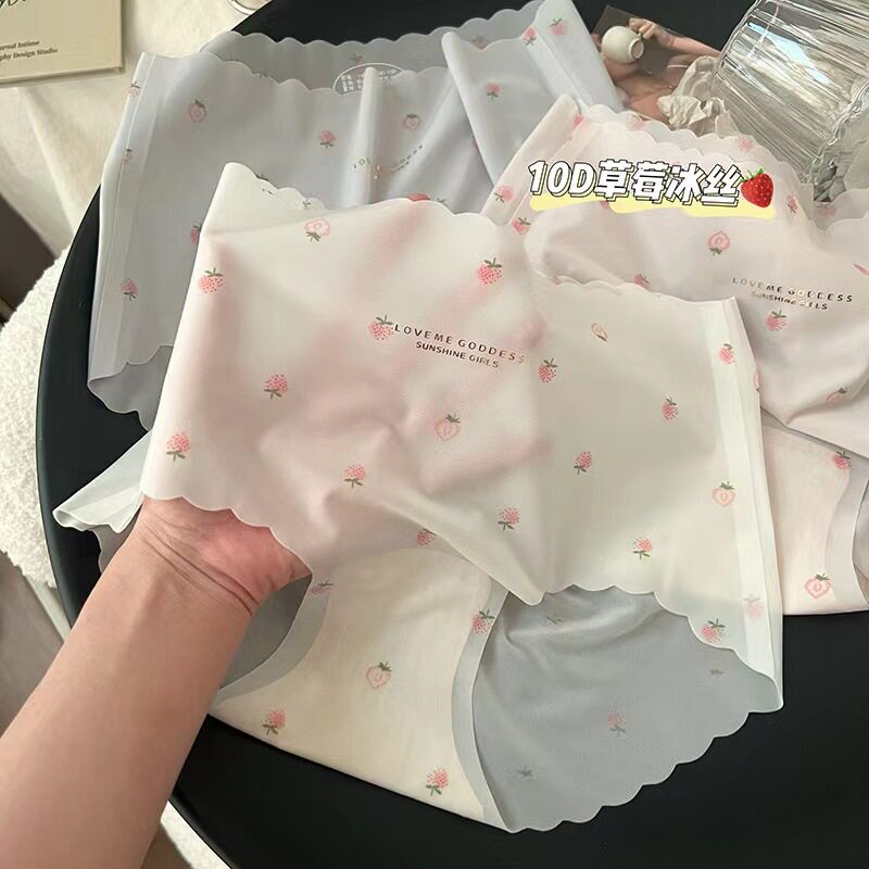 冰丝无痕印花三角裤超薄甜美裸感面膜裤透气底档速干中腰少女内衣