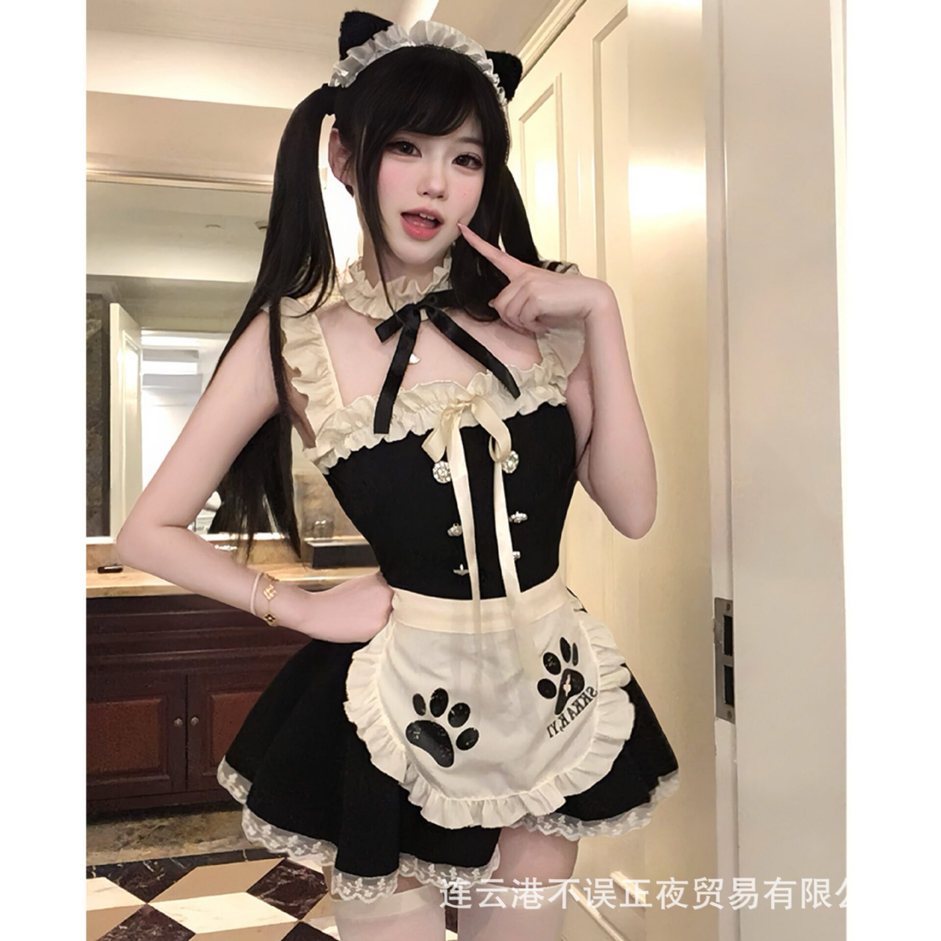 甜美少女风猫咪女仆cos制服荷叶边蝴蝶结连衣裙套装qqny内衣大尺