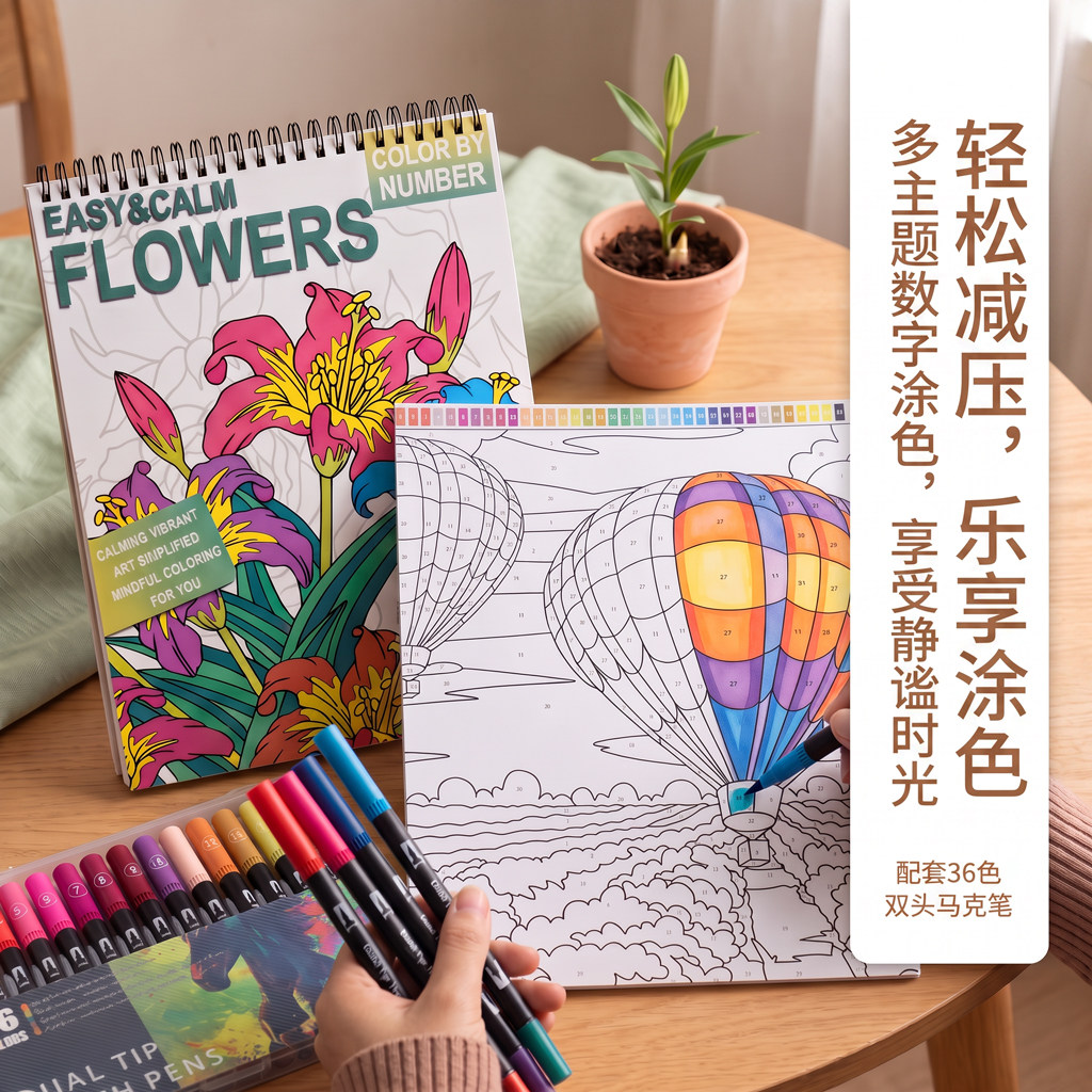 数字涂色本填色绘画书成人减压治愈画册小学生儿童幼儿园专用套装