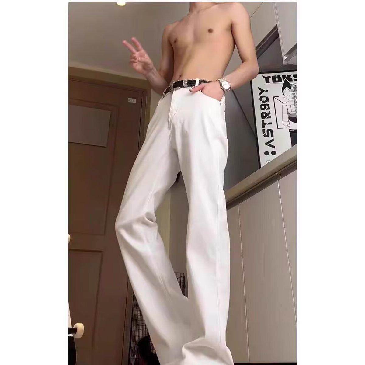 白色弯刀牛仔裤男皮带款高腰修身显瘦裤子美式高街直筒微喇裤