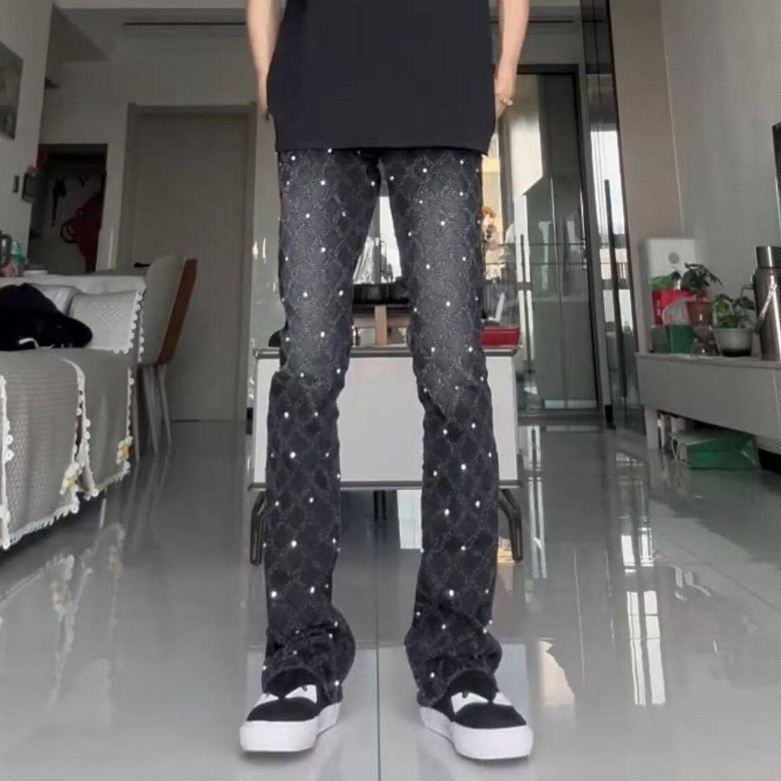 新款黑色网红男士满天星微喇牛仔裤铆钉镶钻装饰潮流休闲喇叭裤