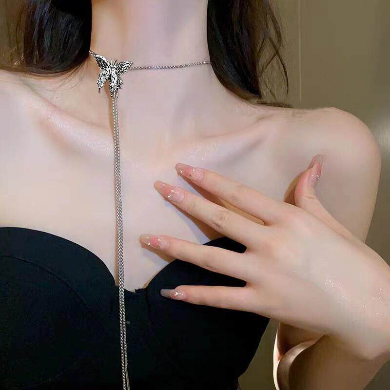 蝴蝶抽拉项女纯银长链款锁毛骨链腰链轻o奢小众cLMAhker颈链甜酷