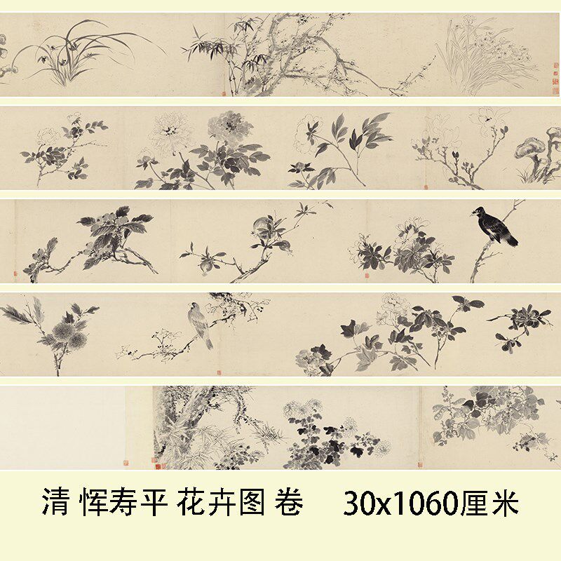 清代 恽寿平花卉图长卷名家水墨写意花鸟图临摹学习画稿素材微喷