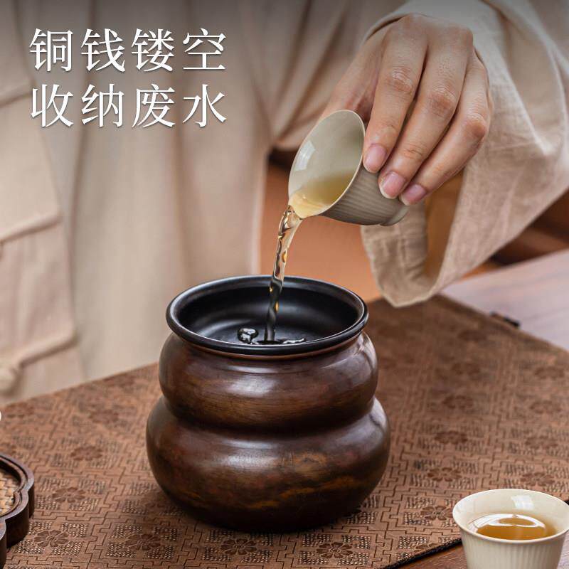 古手工紫铜葫芦建紫铜葫芦水复纯铜家用茶渣缸带茶盖洗水盂茶道配