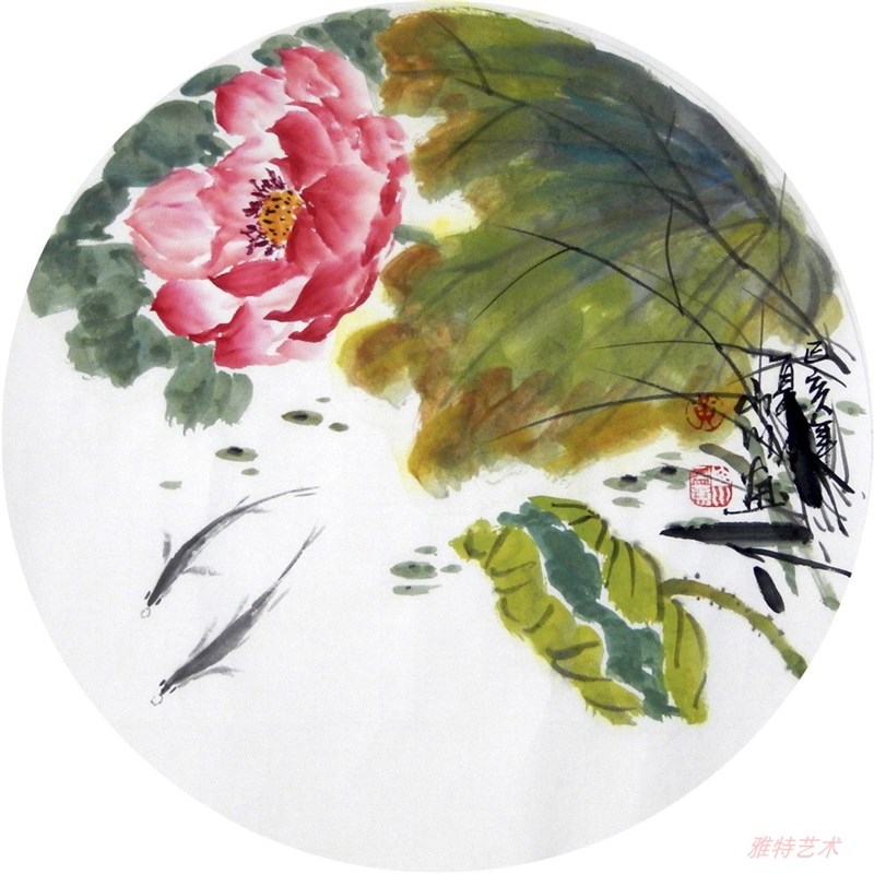 名家手绘国画花鸟画圆形斗方写意水墨画荷花鱼卧室书房装饰挂画