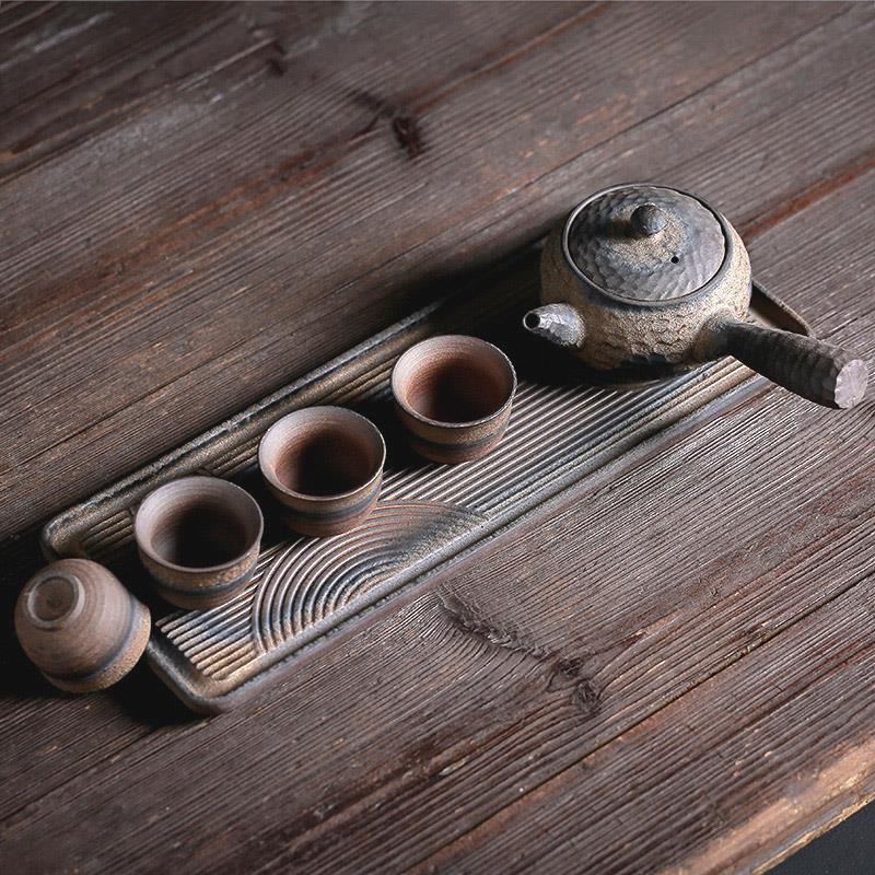 鎏金粗陶茶具套组复古手工干泡盘一壶四杯古早烧铁釉陶瓷托盘