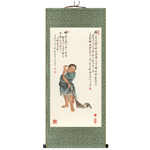 刘海戏金蟾画像童子招财挂画客厅玄关装饰卷轴画年画丝绸绢布画