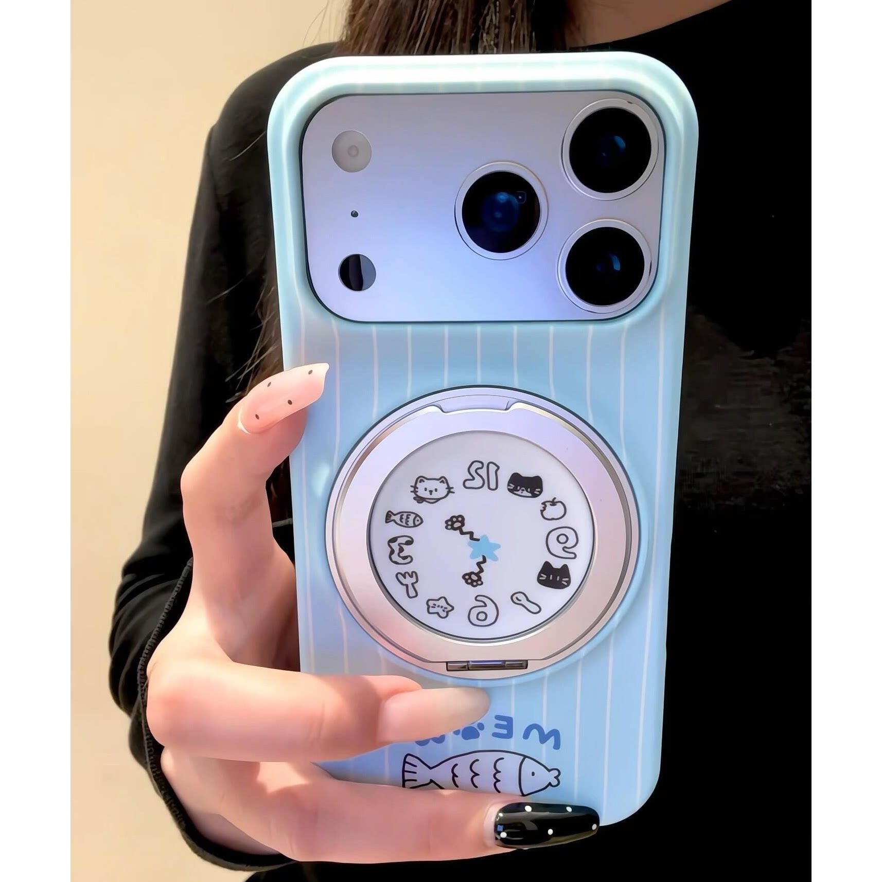 ins蓝白条纹时钟猫咪360支架适用于苹果17手机壳iPhone16promax菲林硬壳15pro新款17pro半包防摔保护套超好看