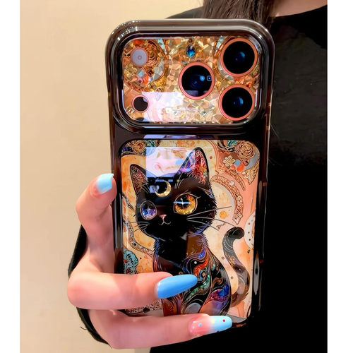 复古魔法黑猫鎏金大视窗手机壳