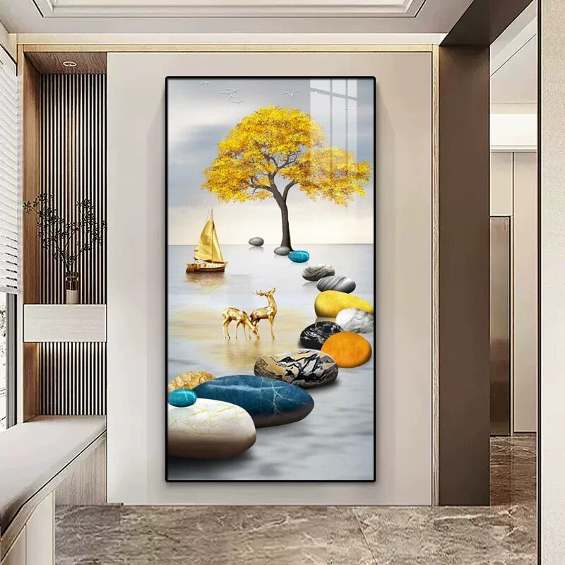 福禄进门现代简约玄关道入户挂画装饰画大气墙壁麋鹿客厅过画走廊