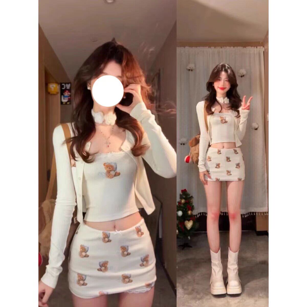 长袖开衫上衣女春秋短款小胸叠穿背心a字裙裤时尚套装别致三件套