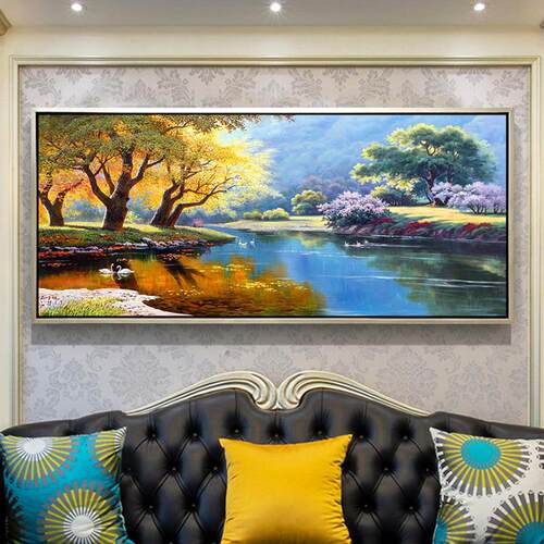 手绘油画美式风景天鹅湖欧式客厅挂画餐厅装饰画大X芬油画村定制