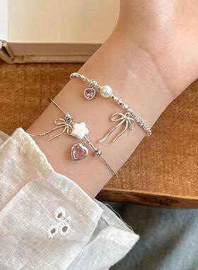 粉色爱心蝴蝶结碎银子手链女轻奢小众精致手镯新款甜美风星星手饰