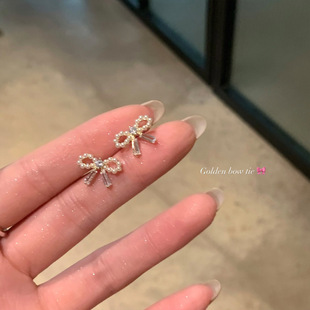 韩系满锆蝴蝶结珍珠耳钉女轻奢小众高级感气质耳钉独特绝美耳饰
