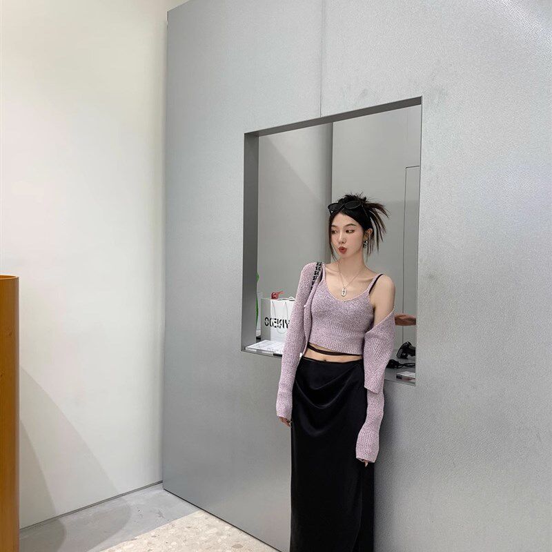 薄款针织长袖防晒开衫吊带针织两件套女早秋新款修身显瘦短款上衣